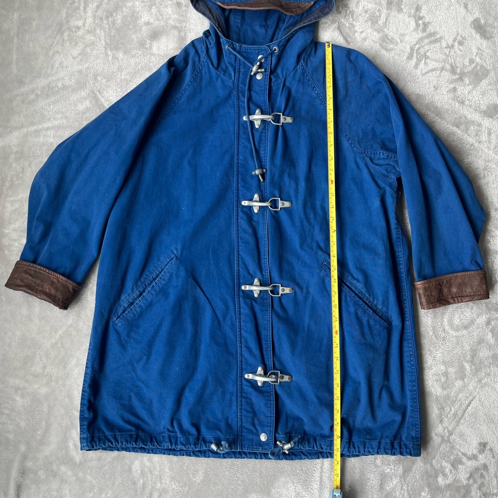 Timberland Blue Hooded Fireman Jacket with Leather Accents and Lobster Clasps